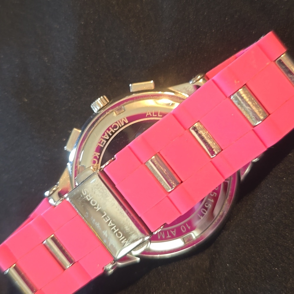 Michael Kors Vibrant Pink and Silver Chronograph Watch Silicone/ Metal Small - Picture 9 of 12